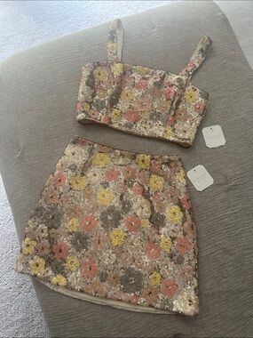 Altar'd State Sequin Floral Mini Skirt - Pink, Yellow & Cream Two Piece